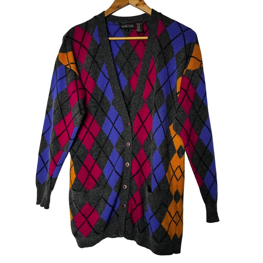 Jeanne Pierre Argyle Cardigan Size S Vintage Sweater Wool Angora Nylon Colorful